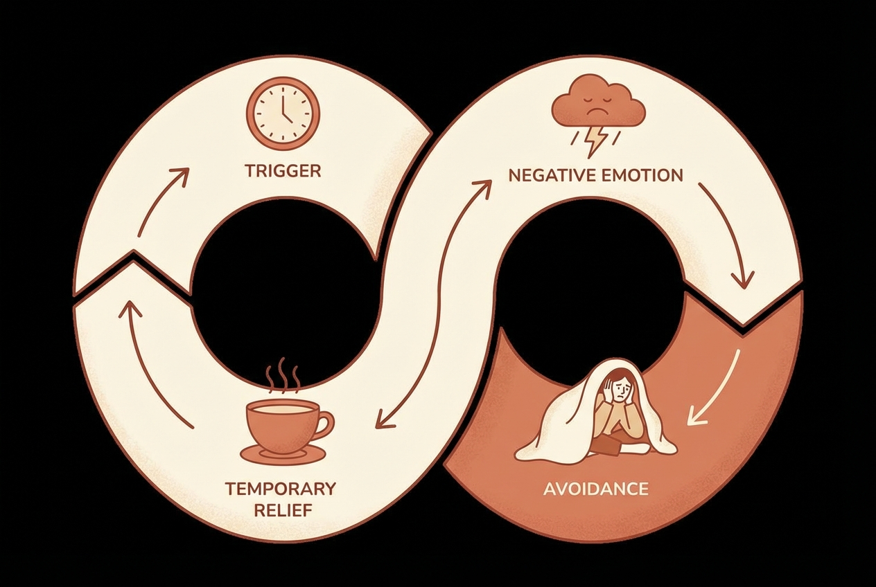 The procrastination cycle: trigger, negative emotion, avoidance, temporary relief