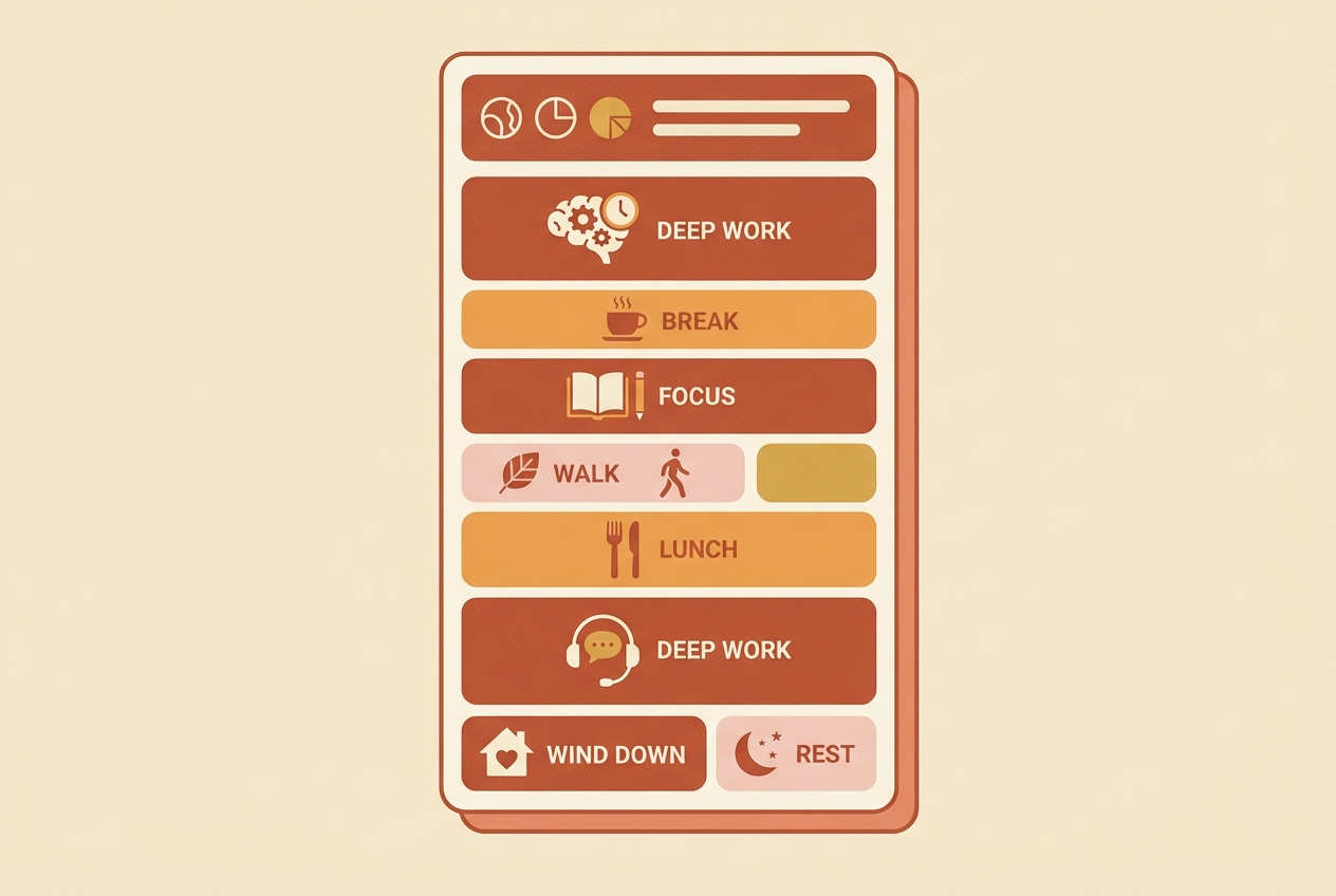 A sample time-boxed day with colored blocks